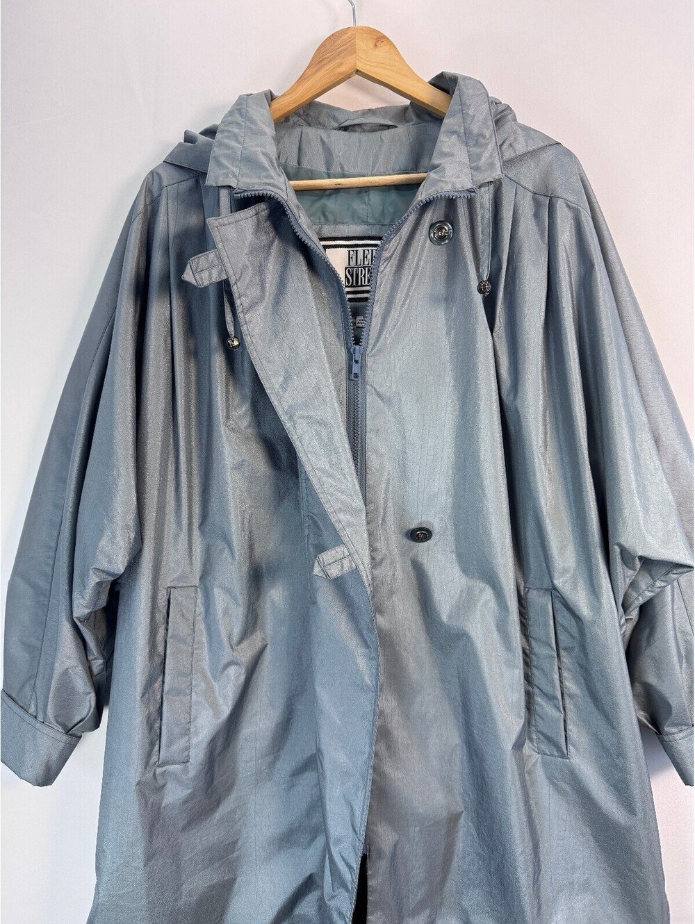 Vintage Fleet Street Metallic Raincoat Hooded Long Coat Womens Medium 90s Y2K - Picture 2 of 8